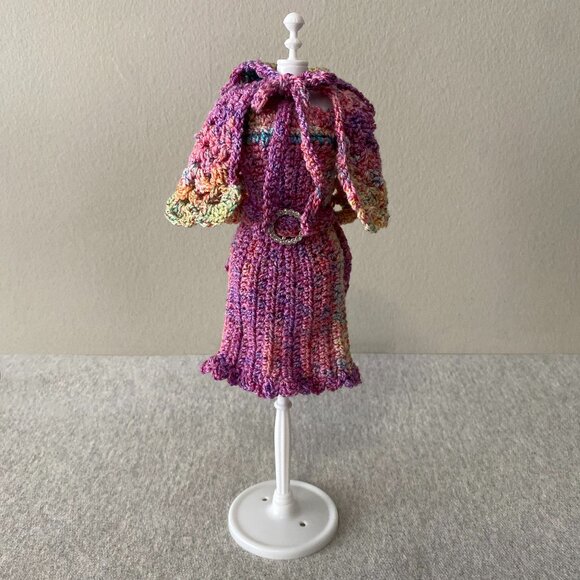 Handmade Crochet Pink Multicolour Dress+Cape+Belt for 29cm Doll 3-Piece Outfit - Picture 1 of 13